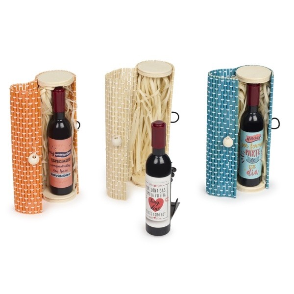 Botella vino y abridor con estuche de bambú