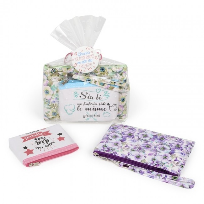 Pack de monedero frases y portatodo floral en bolsa regalo para Detalle Bautizo