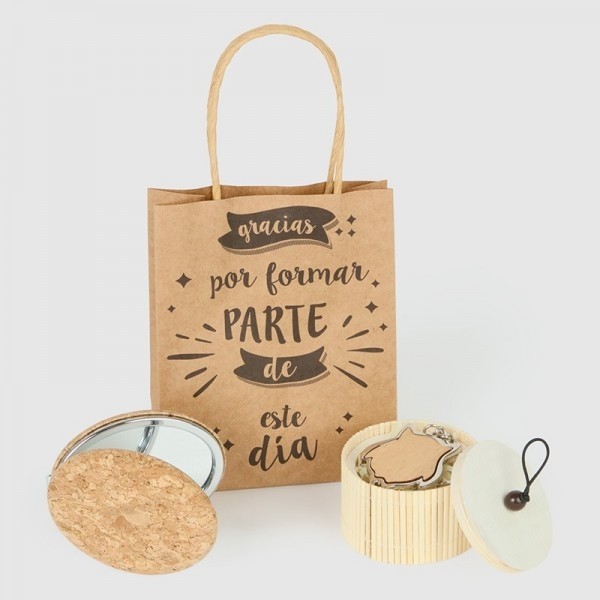 Detalle bautizo espejo natural con joyero bambú con bolsa