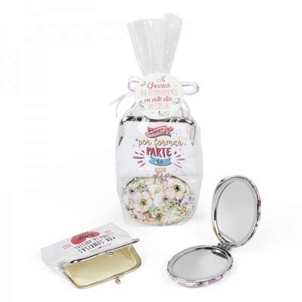 Pack monedero agradecimiento con espejo floral con envoltorio