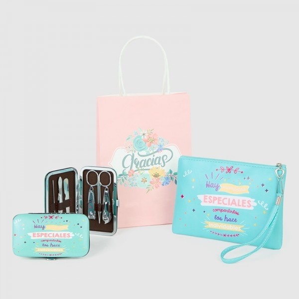 Regalo original de portatodo con set de manicura pastel con bolsa