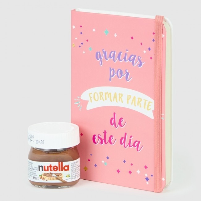 Pack libreta pastel con bote mini Nutella con bolsa