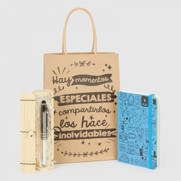 Detalle bautizo block notas logos con caja bambú boli multiusos con bolsaDetalle bautizo block notas logos con caja bambú boli multiusos con bolsa