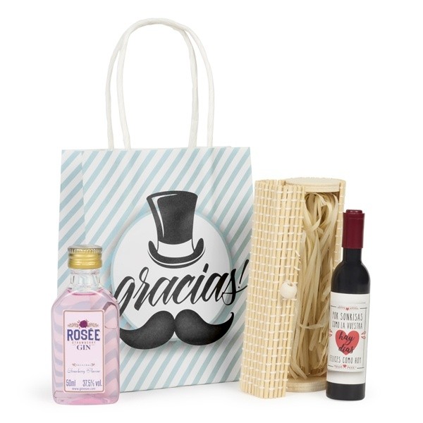 Detalle Bautizo Botellita licor y abridor en estuche en bolsa regalo