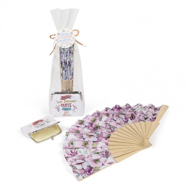 Detalle bautizo monedero agradecimiento con abanico floral con envoltorio