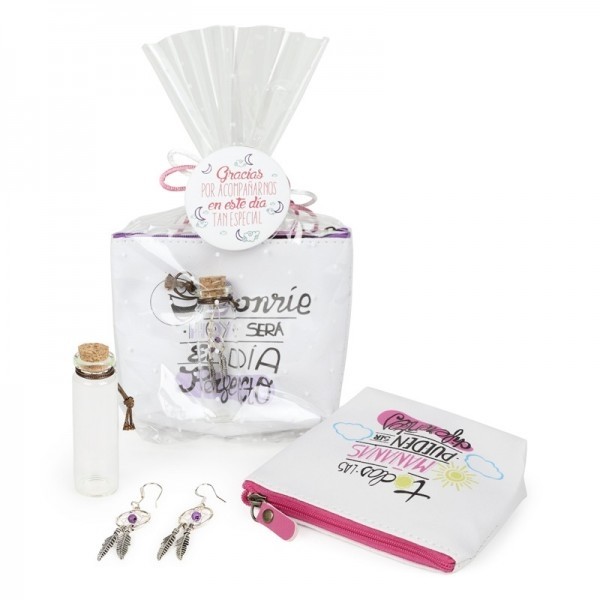 Detalle bautizo pendientes atrapasueños y monedero frases con envoltorio
