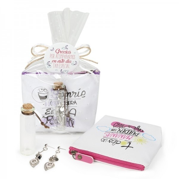 Detalle bautizo monedero frases con pendientes