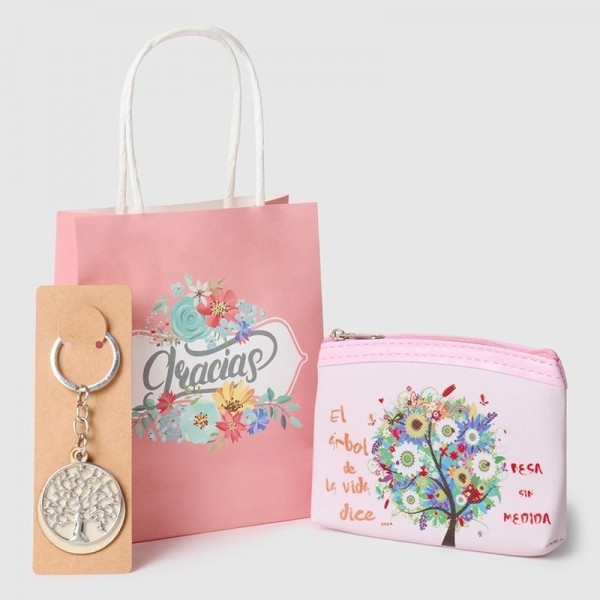 Detalle bautizo monedero y llavero árbol de la vida