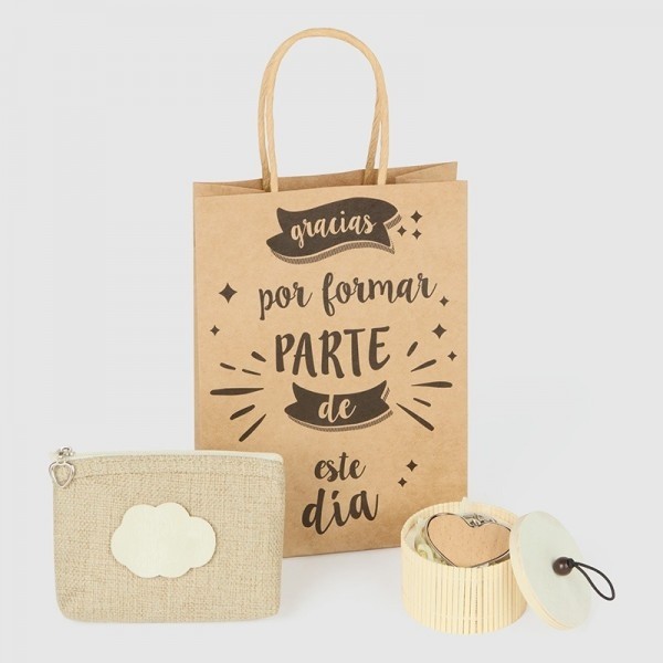 Detalle bautizo monedero natural con joyero bambú con bolsa