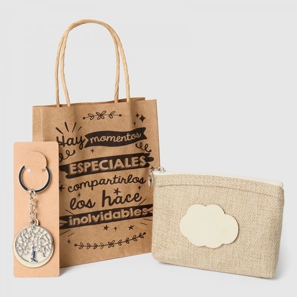 Detalle bautizo monedero natural con llavero árbol de la vida con bolsa