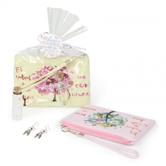 Detalle bautizo pendientes atrapasueños con portatodo árbol de la vida con envoltorio