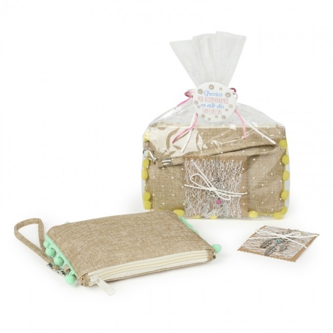 Pack Portatodo pompón y colgante atrapasueños para Detalle Bautizo