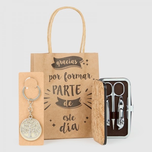Detalle bautizo set manicura corcho con llavero árbol de la vida