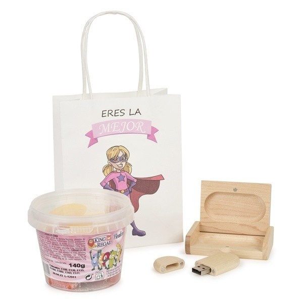 Detalle Bautizo pendrive madera con bote chuches con bolsa