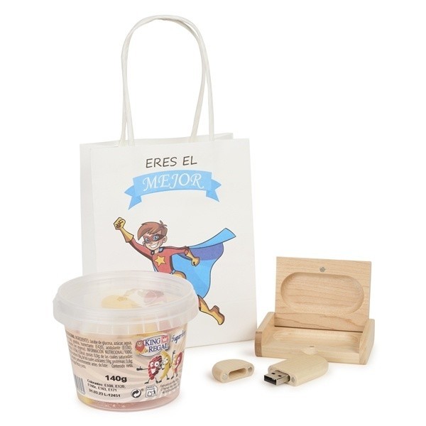 Detalle Bautizo pendrive con bote chuches con bolsa