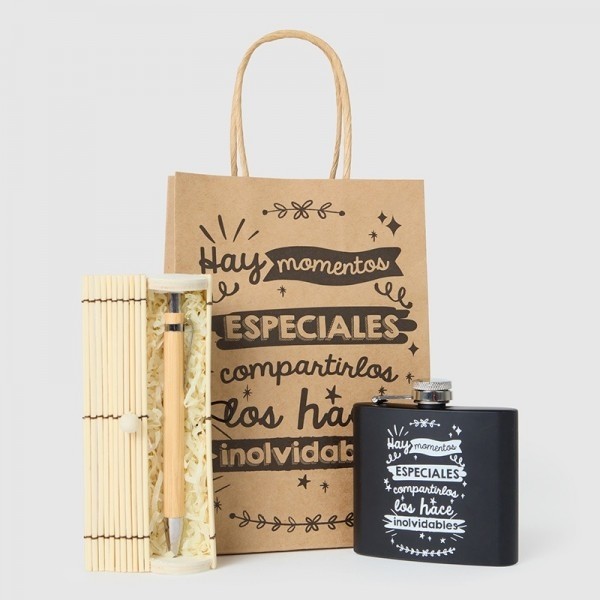 Detalle Bautizo petaca frases bolígrafo madera con bolsa