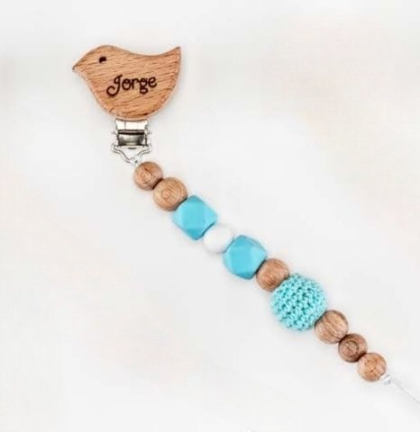 Pinza para chupete azul con pajarito personalizado