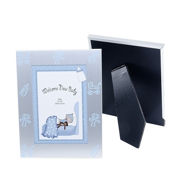 Detalle bautizo portafotos metal bebe azul