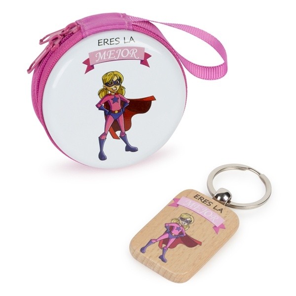 Portamonedas y llavero de madera a juego para Detalle de bautizo niña