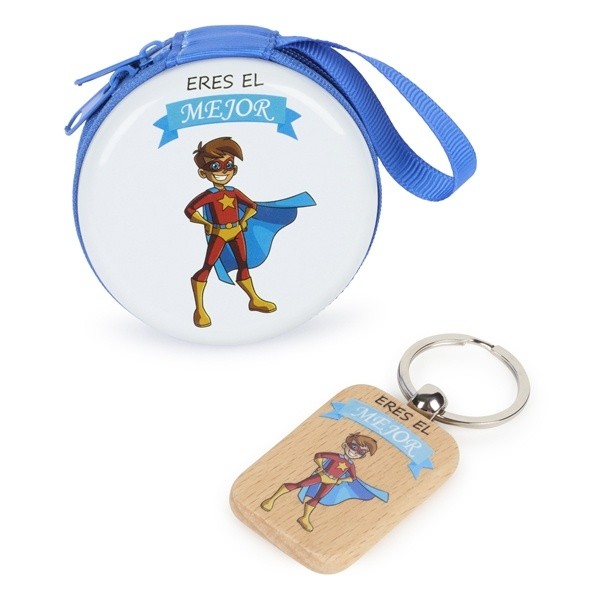 Portamonedas y llavero de madera a juego para Detalle Bautizo niño