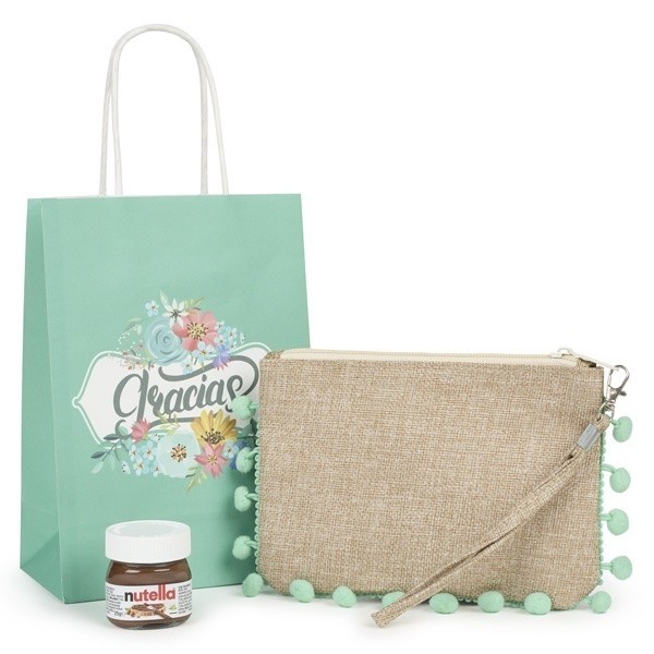 Detalle Bautizo mini Nutella y portatodo rafia con bolsa 