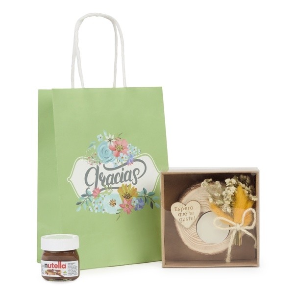 Detalle Bautizo Portavelas rústico y bote de Nutella en bolsa Kratf 