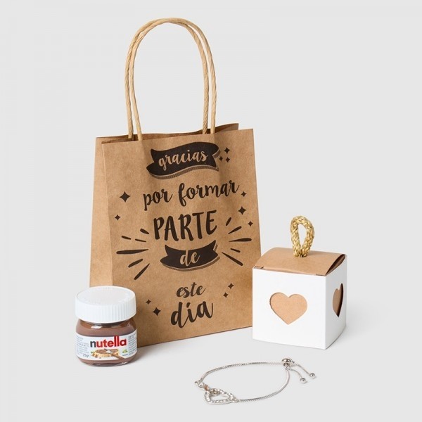 Detalle Bautizo Nutella con pulsera infinito con bolsa