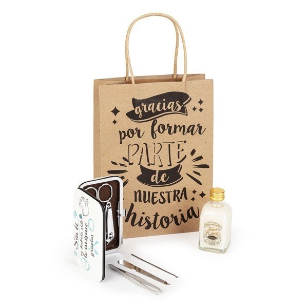 Detalle bautizo set manicura frases con licor de orujo de arroz con bolsa