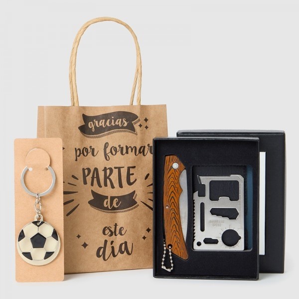 Detalle Bautizo set navaja multiherramientas llavero futbol con bolsa