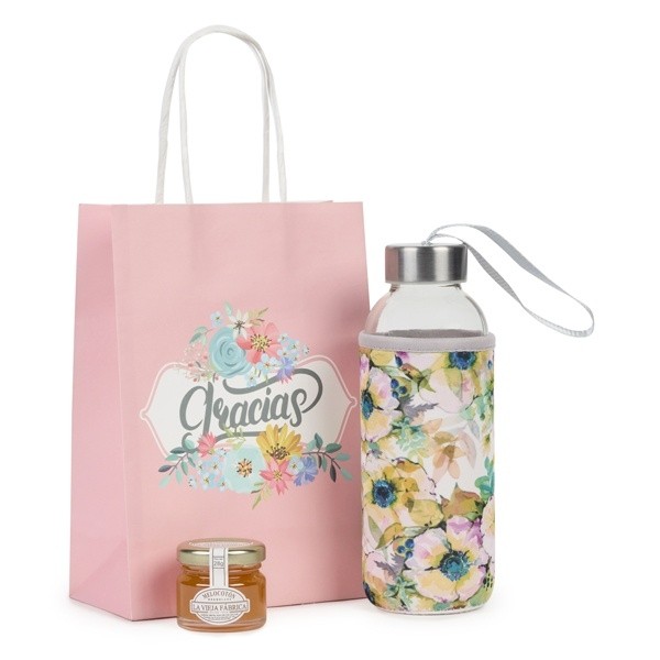 Detalle Bautizo mermelada mini con bidón de cristal en bolsa