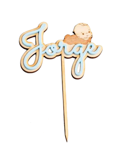 Topper madera con personalización azul para tarta de bautizo