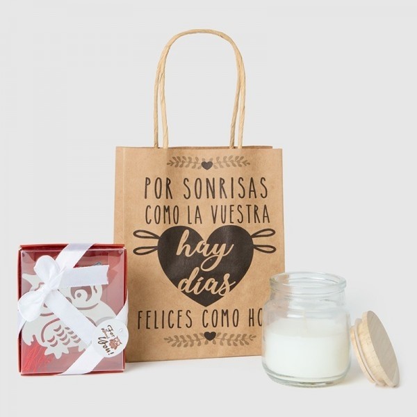 Detalles Bautizo vela natural con marcapáginas de búho con bolsa