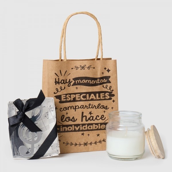 Detalle Bautizo vela blanca natural con marcapáginas clave Sol con bolsa