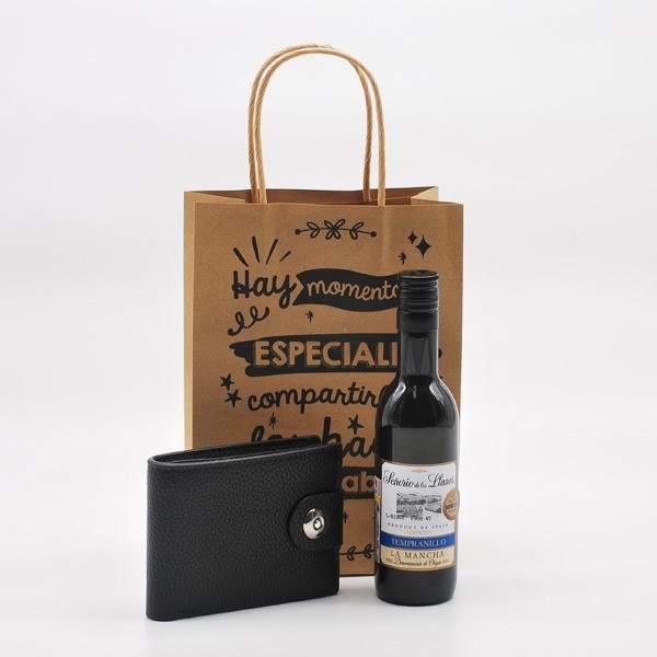 Vino con cartera hombre en bolsa regalo para Detalle Bautizo