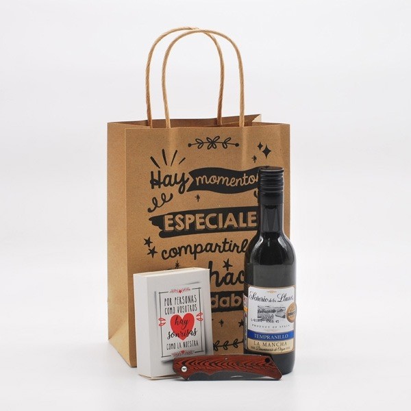 Detalle Bautizo Vino con caja con navaja en bolsa regalo