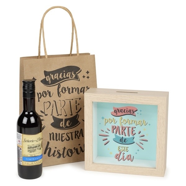 Vino y hucha de madera con frases para Detalle de Bautizo