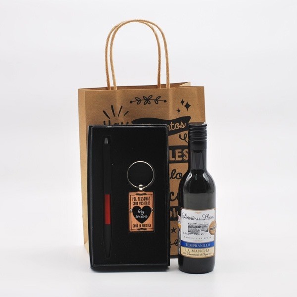 Detalle Bautizo Vino con llavero con frases y bolígrafo portamóvil