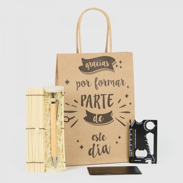 Regalo Bautizo bolígrafo de madera con set multiherramientas con bolsa