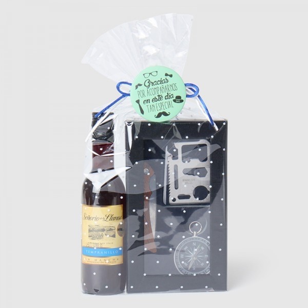 Detalle bautizo set con navaja, llavero brújula y multiherramientas con envoltorio