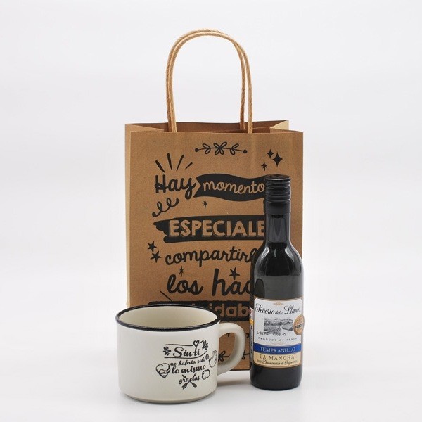 Vino con taza con frases en bolsa regalo para Regalo