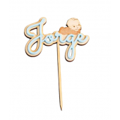 Topper madera con personalización azul para tarta de bautizo