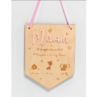 Banderín de madera con datos de niña en rosa para Bautizo