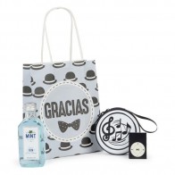 Botellita licor y portamonedas con MP3 en bolsa para Detalle Bautizo