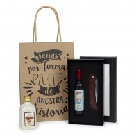 Botella licor y estuche con abridor y navaja en bolsa regalo para Detalle Bautizo