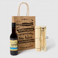Caja bambú boli madera con vino con bolsa