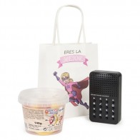 Detalle Bautizo caja de sonidos con bote chuches con bolsa niña