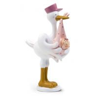 Cigüeña con niña en el pico para tarta de bautizo