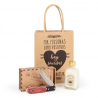 Botella licor con navaja en bolsa regalo para Detalle Bautizo