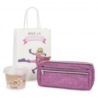 Detalle Bautizo estuche de tres cremalleras con bote chuches con bolsa niña