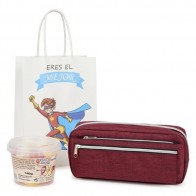 Detalle Bautizo estuche tres cremalleras con bote gominolas con bolsa niño